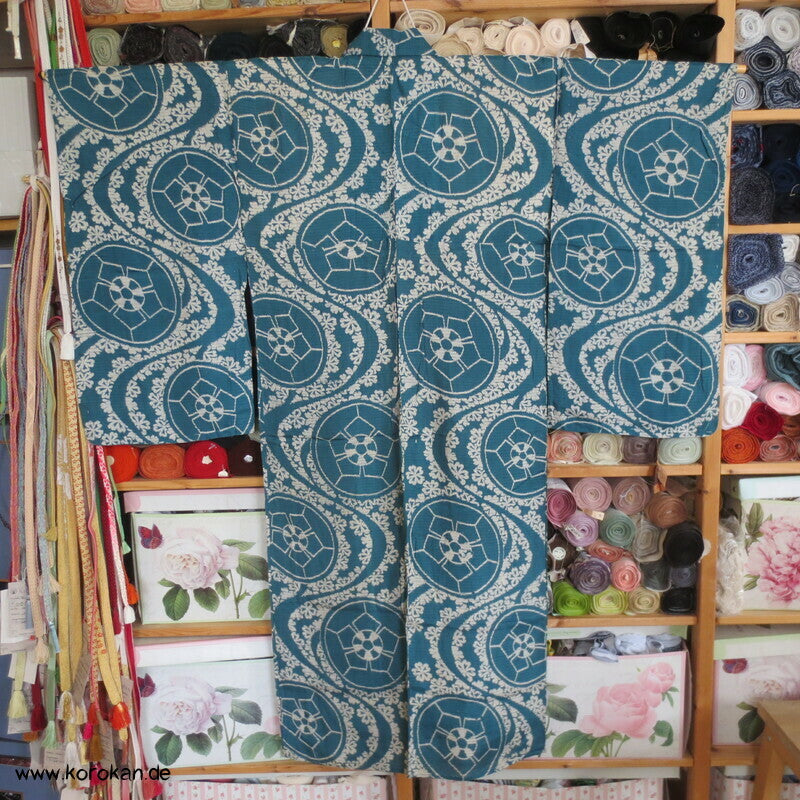 antiker japanischer Genji Guruma, Wellen Rho Seide Hitoe Komon Kimono