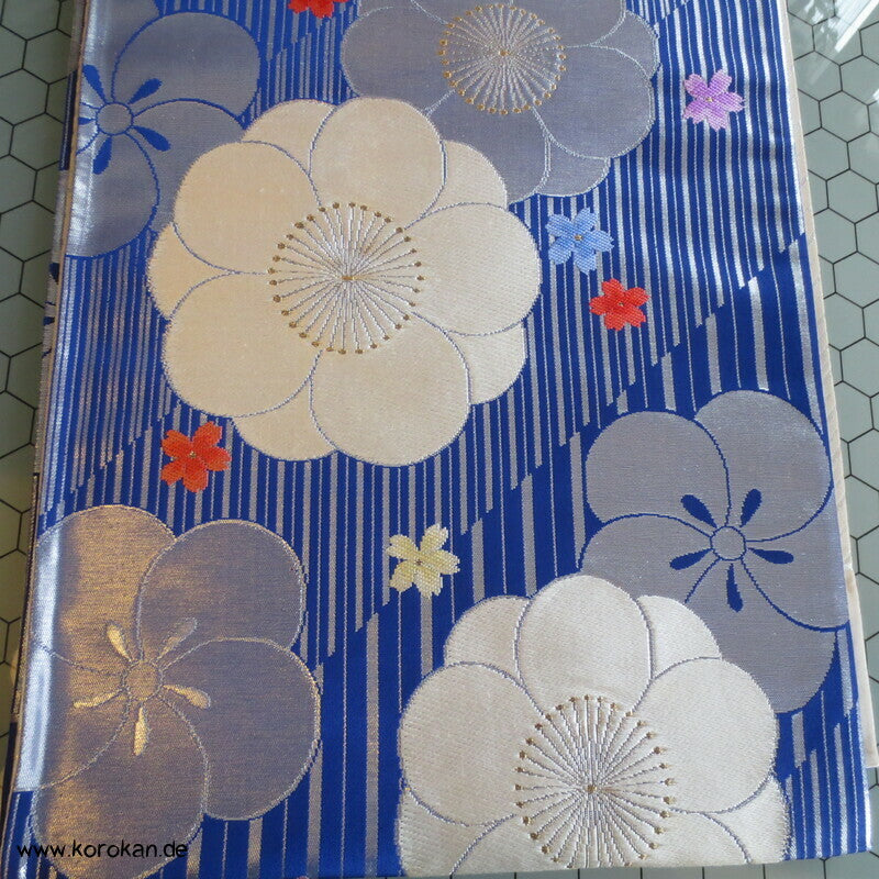 Ume blau silber Fukuro Obi, Nishijin Seidenbrokat Originaletiketten, Kimonogürtel
