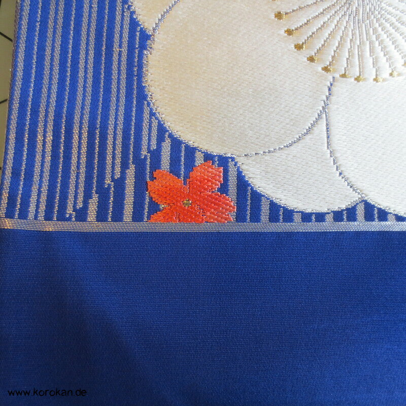 Ume blau silber Fukuro Obi, Nishijin Seidenbrokat Originaletiketten, Kimonogürtel