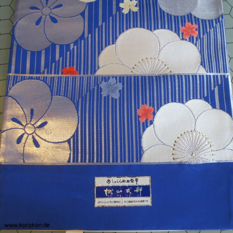 Ume blau silber Fukuro Obi, Nishijin Seidenbrokat Originaletiketten, Kimonogürtel