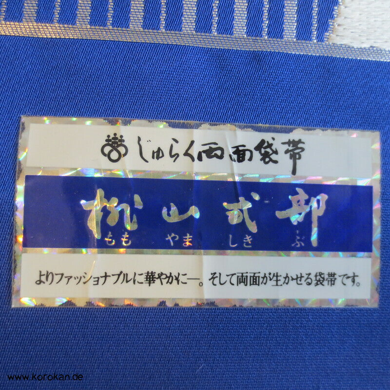 Ume blau silber Fukuro Obi, Nishijin Seidenbrokat Originaletiketten, Kimonogürtel