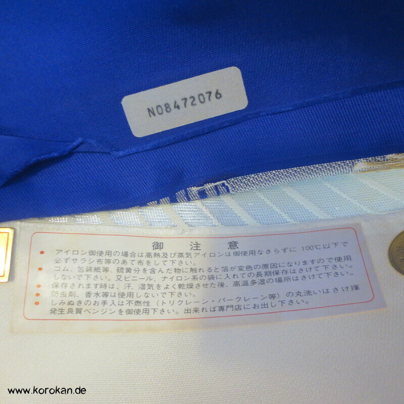 Ume blau silber Fukuro Obi, Nishijin Seidenbrokat Originaletiketten, Kimonogürtel