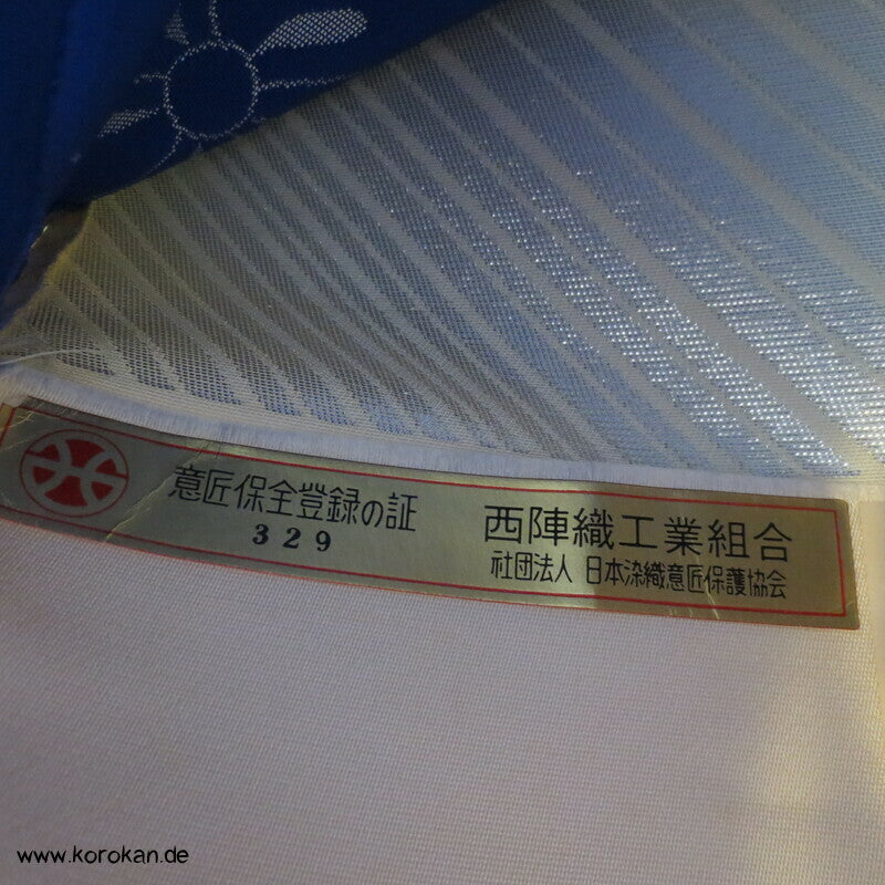 Ume blau silber Fukuro Obi, Nishijin Seidenbrokat Originaletiketten, Kimonogürtel