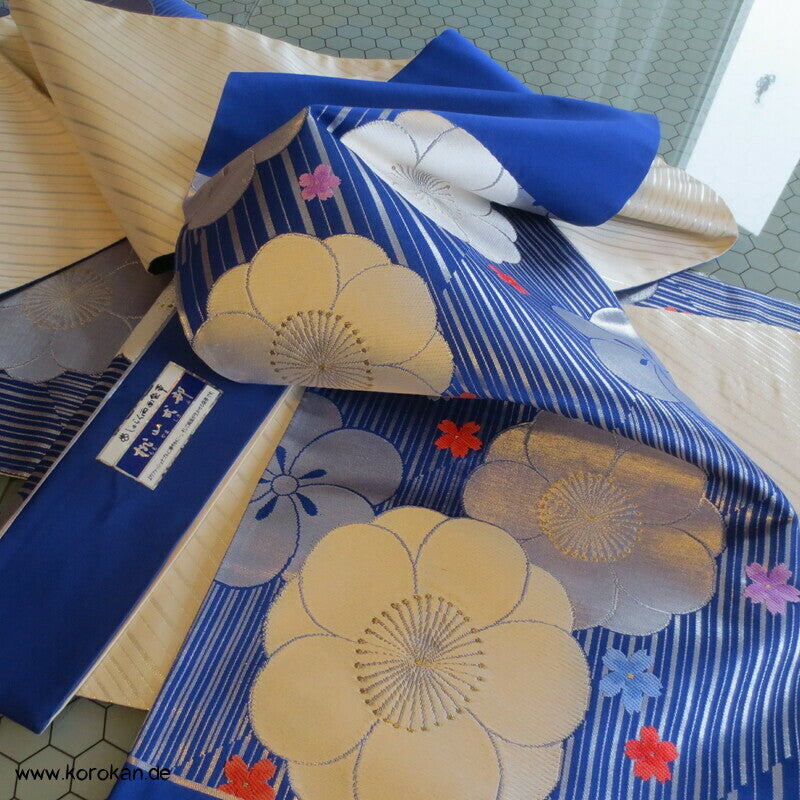 Ume blau silber Fukuro Obi, Nishijin Seidenbrokat Originaletiketten, Kimonogürtel