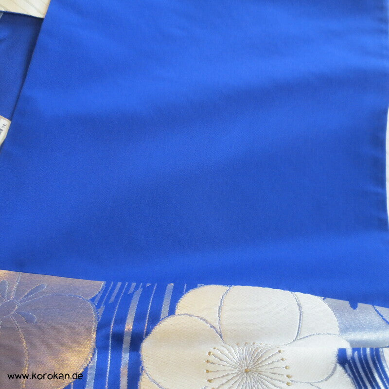 Ume blau silber Fukuro Obi, Nishijin Seidenbrokat Originaletiketten, Kimonogürtel