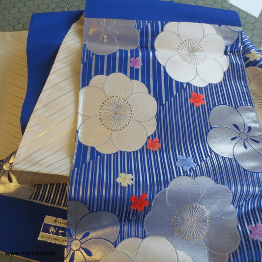 Ume blau silber Fukuro Obi, Nishijin Seidenbrokat Originaletiketten, Kimonogürtel