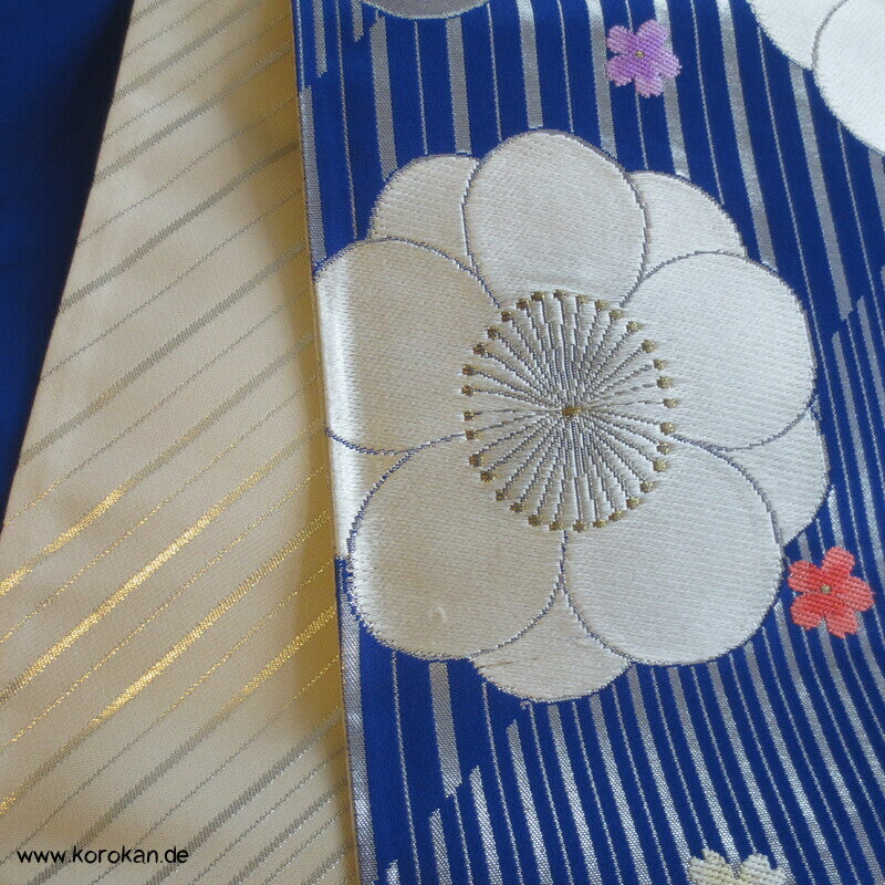Ume blau silber Fukuro Obi, Nishijin Seidenbrokat Originaletiketten, Kimonogürtel