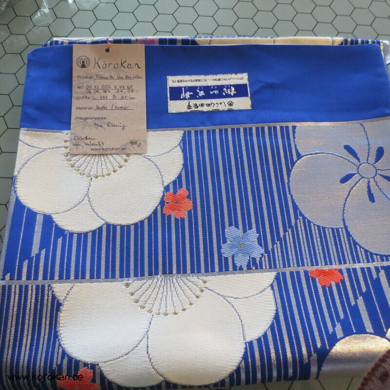Ume blau silber Fukuro Obi, Nishijin Seidenbrokat Originaletiketten, Kimonogürtel