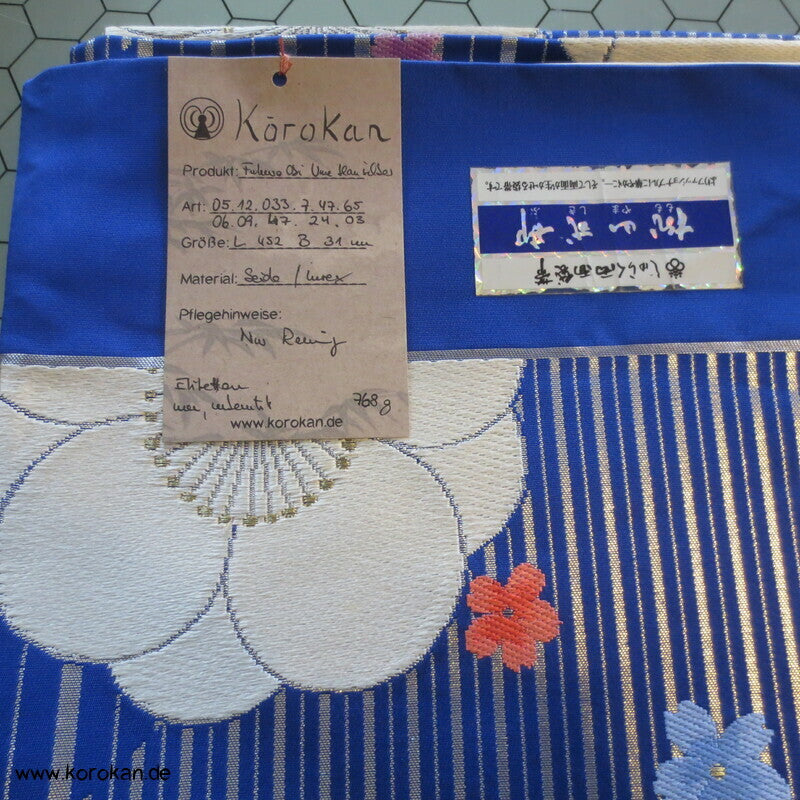 Ume blau silber Fukuro Obi, Nishijin Seidenbrokat Originaletiketten, Kimonogürtel