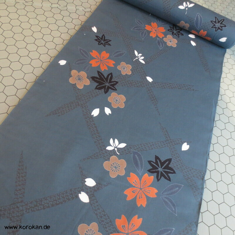 Blüten und Blätter auf petrolgrau Yukata Stoff