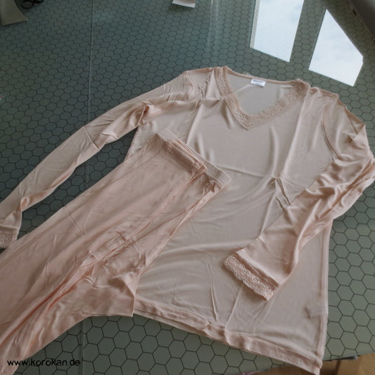 Reine Seide Pyjama / lange Unterwäsche, blush mit Spitze, Gr. XL