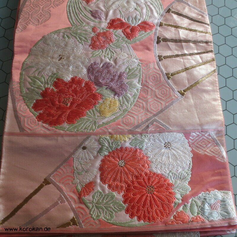 Fukuro Obi Seidenbrokat Blüten Mon Fächer