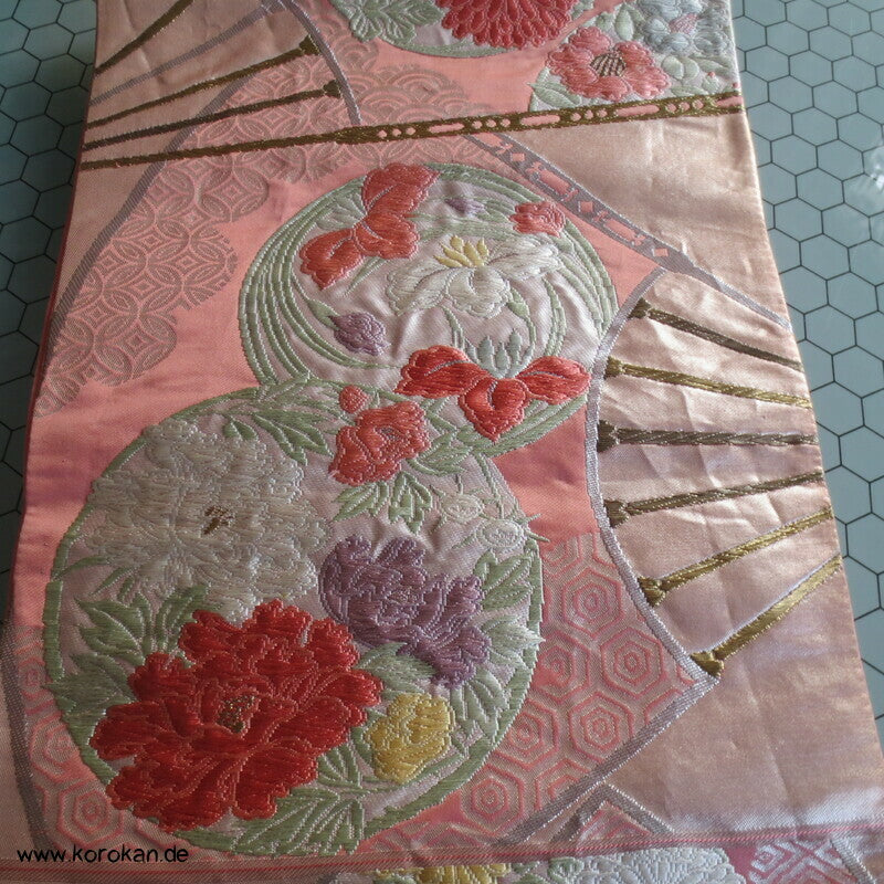 Fukuro Obi Seidenbrokat Blüten Mon Fächer