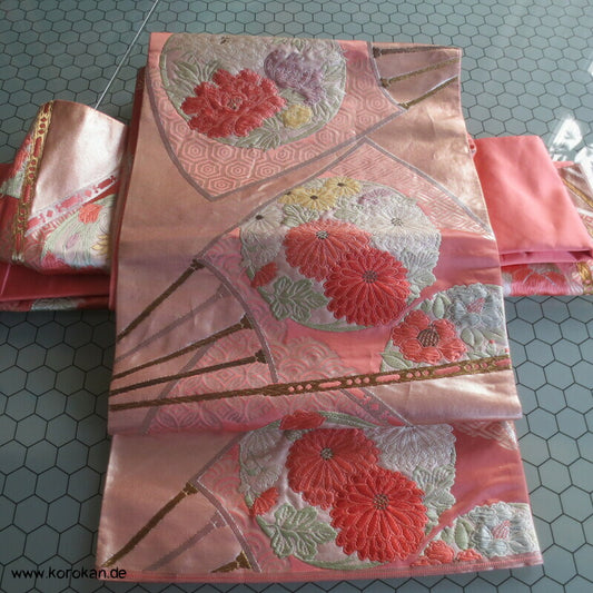 Fukuro Obi Seidenbrokat Blüten Mon Fächer
