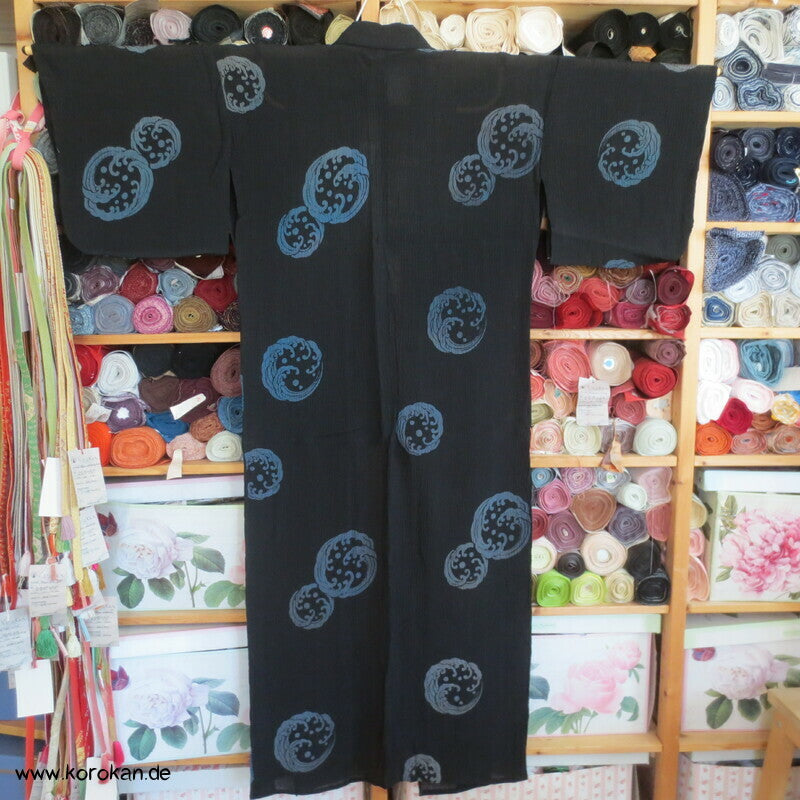 Wellenrondelle Hitoe Kimono, schwarzer Hanf / Ramie Krepp