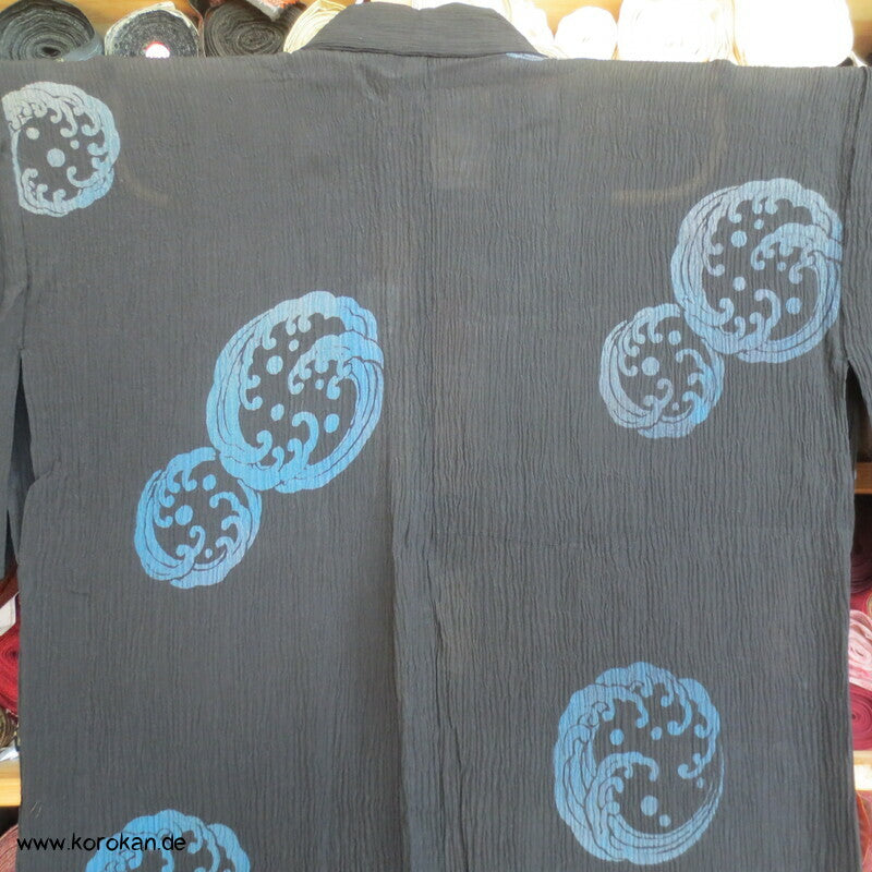 Wellenrondelle Hitoe Kimono, schwarzer Hanf / Ramie Krepp