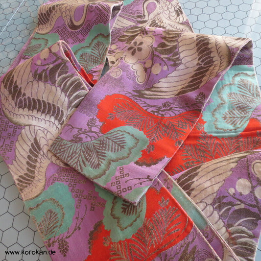 Japanischer Upcycling Kranich Seidenbrokat Hanhaba Obi Kimonogürtel