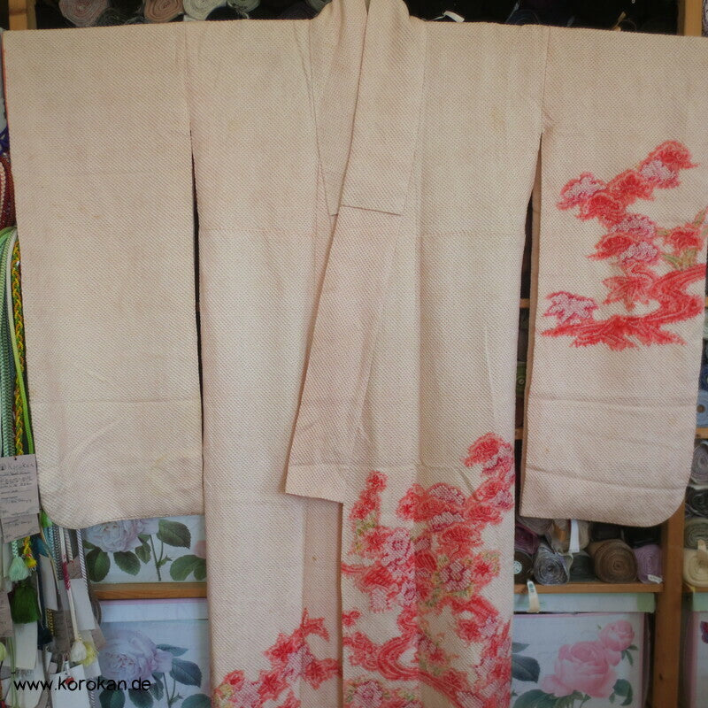 Full Shibori Blüten auf rosa Seidendamast Furisode Kimono