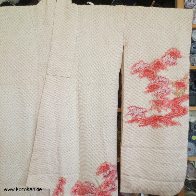 Full Shibori Blüten auf rosa Seidendamast Furisode Kimono