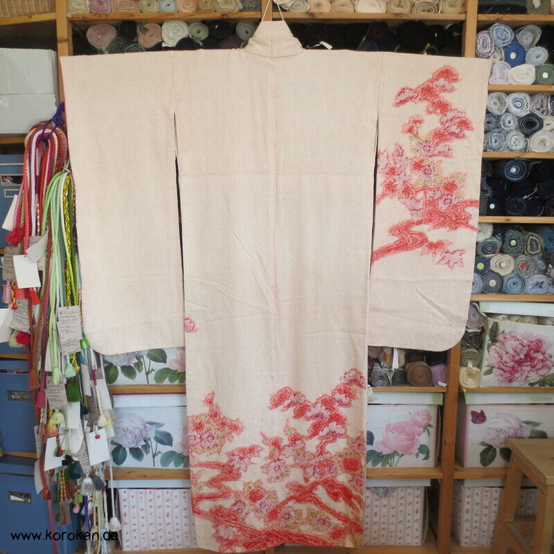 Full Shibori Blüten auf rosa Seidendamast Furisode Kimono