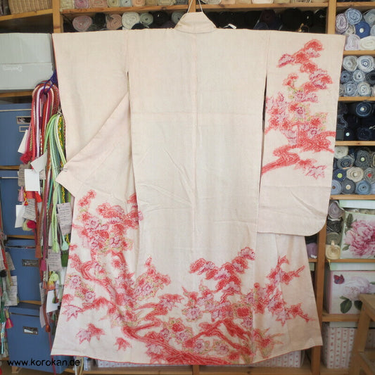 Full Shibori Blüten auf rosa Seidendamast Furisode Kimono