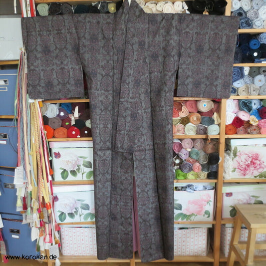 japanischer Sarasa mauve grau Kasuri Tsumugi Seiden Kimono