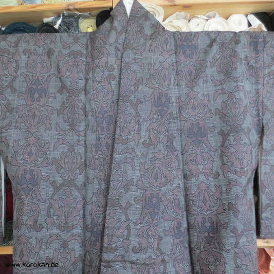 japanischer Sarasa mauve grau Kasuri Tsumugi Seiden Kimono