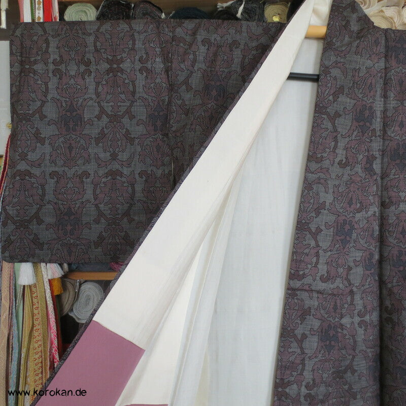 japanischer Sarasa mauve grau Kasuri Tsumugi Seiden Kimono