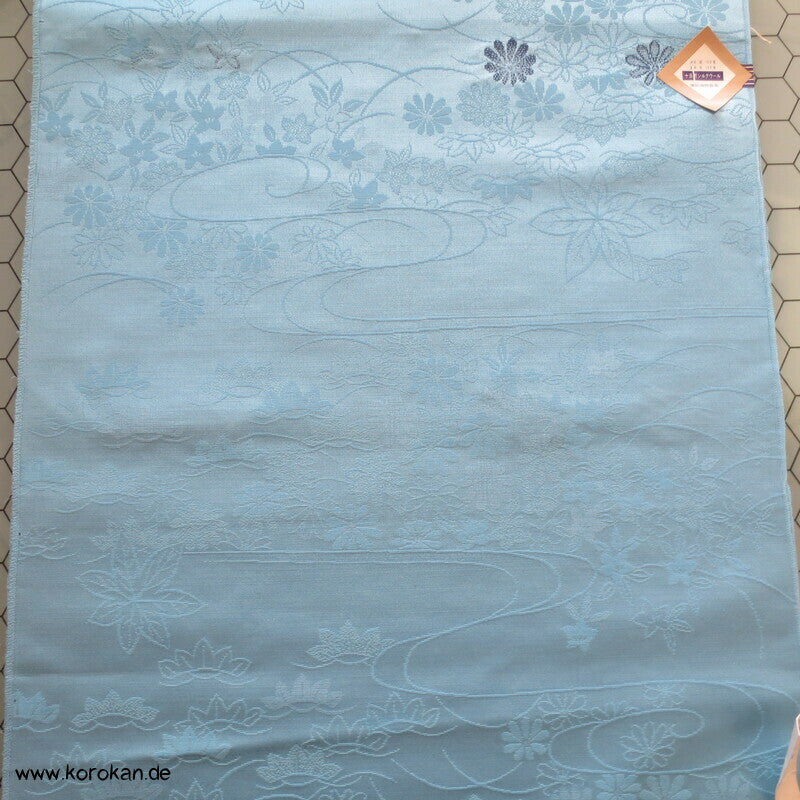 Lurex Blüten, Fluss, Ahornblätter Seide/ Wolle Kimono Jacquard - himmelblau
