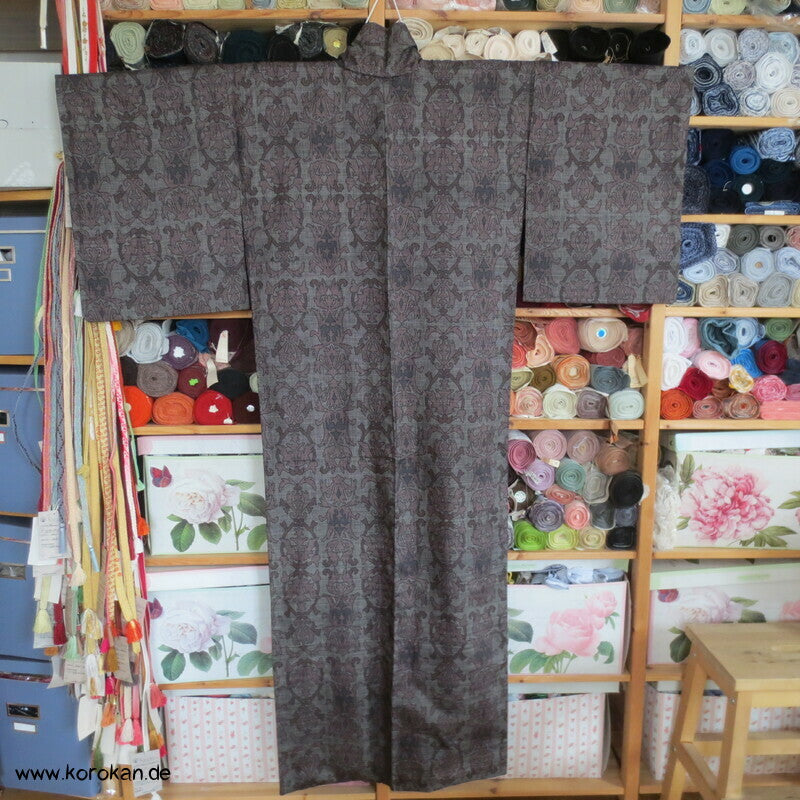 japanischer Sarasa mauve grau Kasuri Tsumugi Seiden Kimono