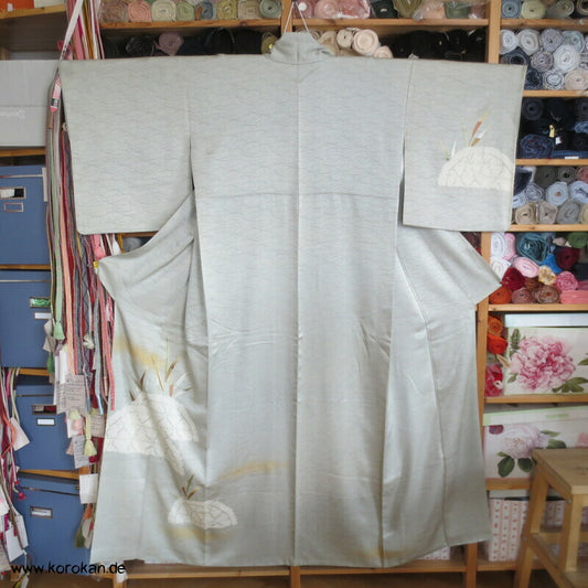 Schilflandschaft mit Bambusgittern Seidendamast mit Shibori Homongi Kimono