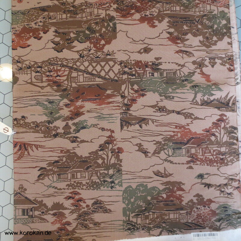 erdfarben Bingata Häuser Kimono Chirimen Seiden Crepe