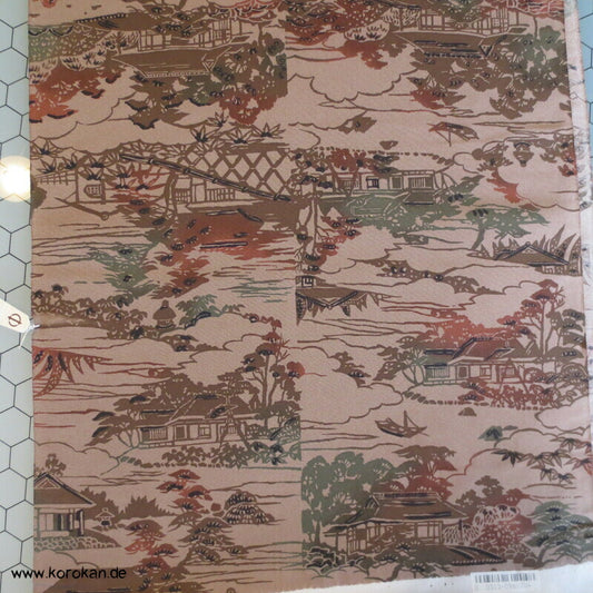 erdfarben Bingata Häuser Kimono Chirimen Seiden Crepe