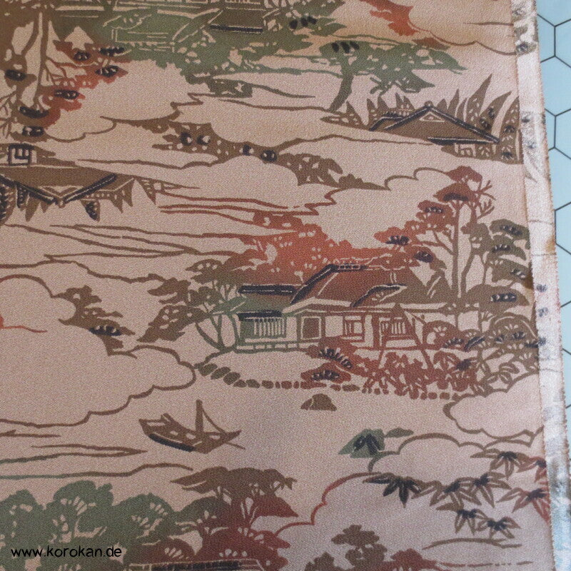 erdfarben Bingata Häuser Kimono Chirimen Seiden Crepe