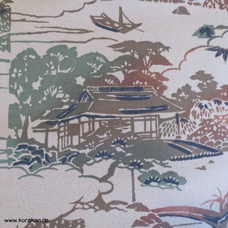erdfarben Bingata Häuser Kimono Chirimen Seiden Crepe