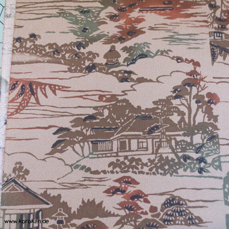 erdfarben Bingata Häuser Kimono Chirimen Seiden Crepe
