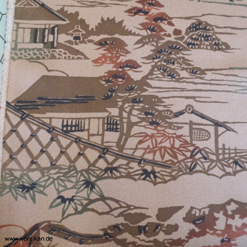 erdfarben Bingata Häuser Kimono Chirimen Seiden Crepe