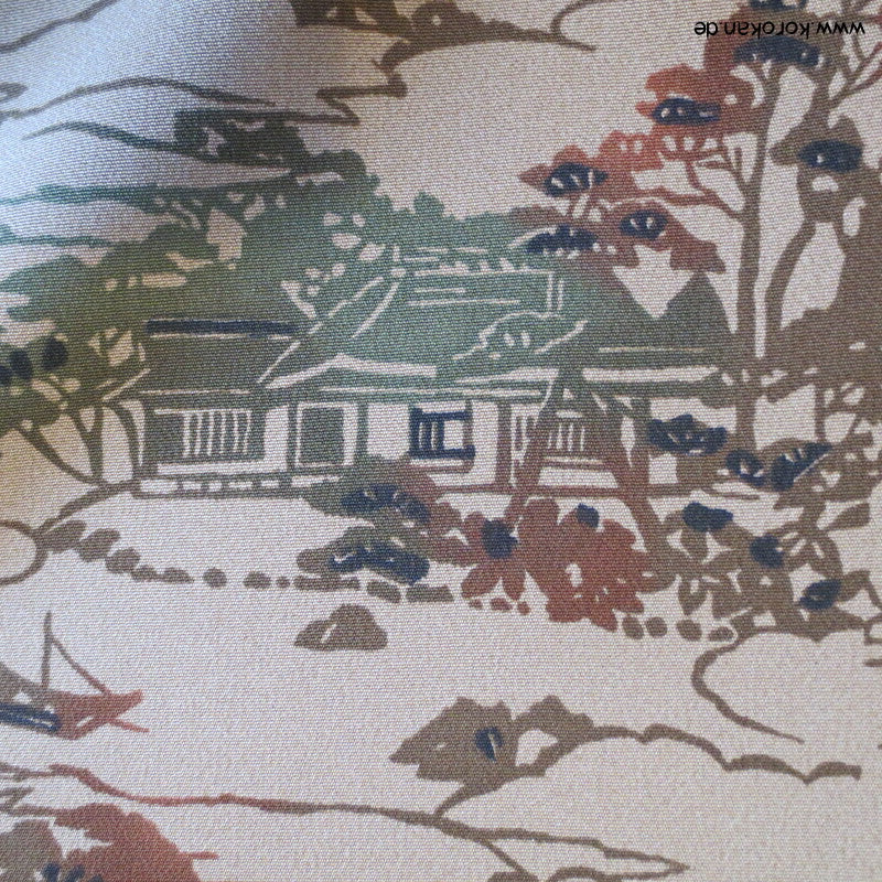 erdfarben Bingata Häuser Kimono Chirimen Seiden Crepe