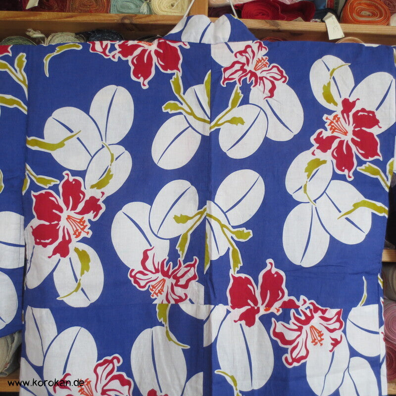 Japan Baumwoll Yukata Kimono Nandina und Lilien auf blau