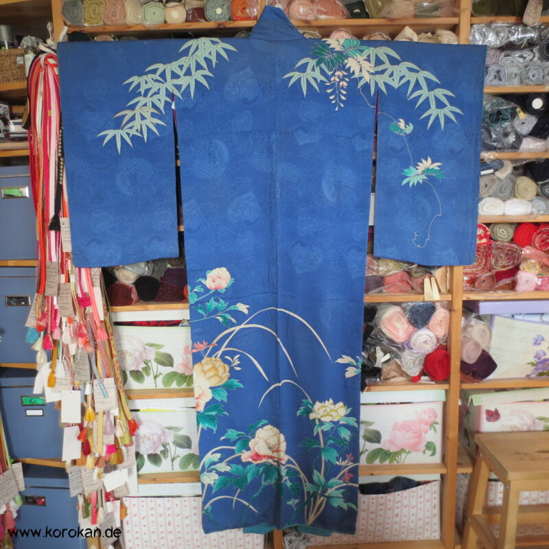 antiker Rinzu Seiden Damast Homongi Kimono, teilbestickt