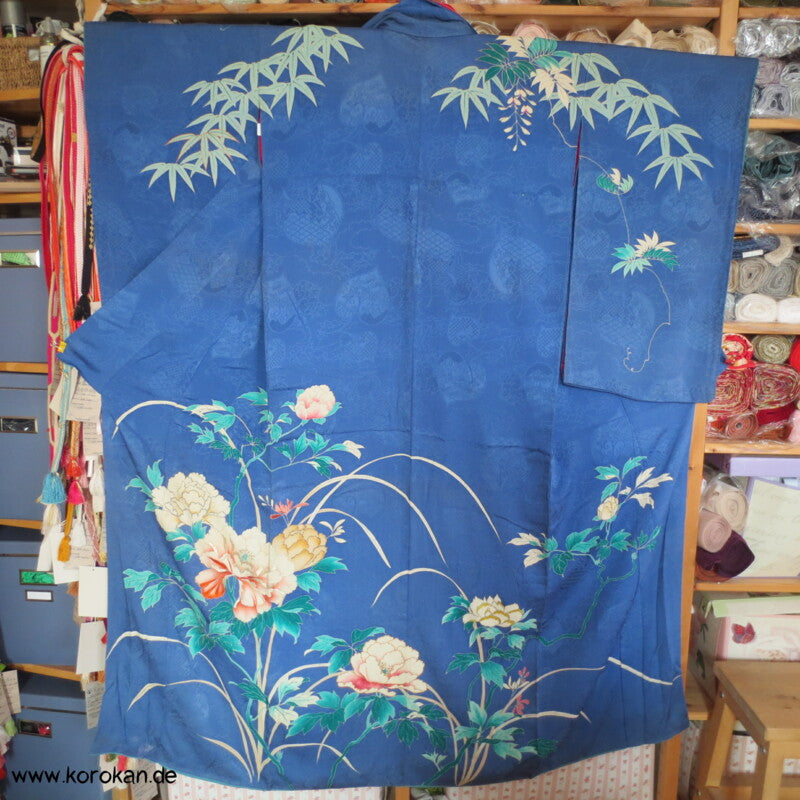 antiker Rinzu Seiden Damast Homongi Kimono, teilbestickt