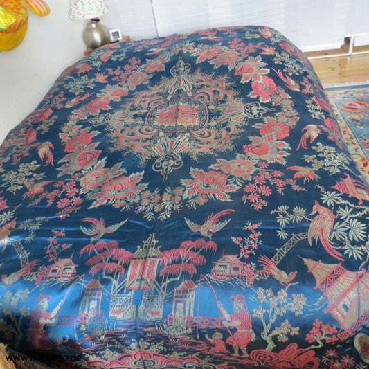 Antike gewebte Brokat - Decke - China - blau, rot, metall