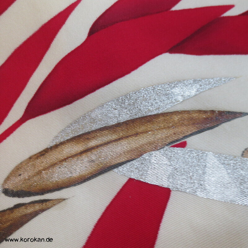 Nagoya Obi Kimono Gürtel Seidenrips bemalt mit rotem Bambus