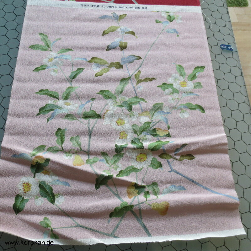 Panel Musterseide für Kimono - Kamelien, Blütenzweige