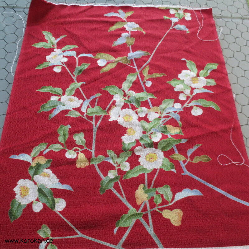 Panel Musterseide für Kimono - Kamelien, Blütenzweige