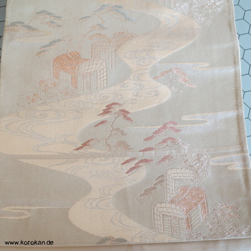 Fukuro Obi Seidenbrokat Fluss und Wagen