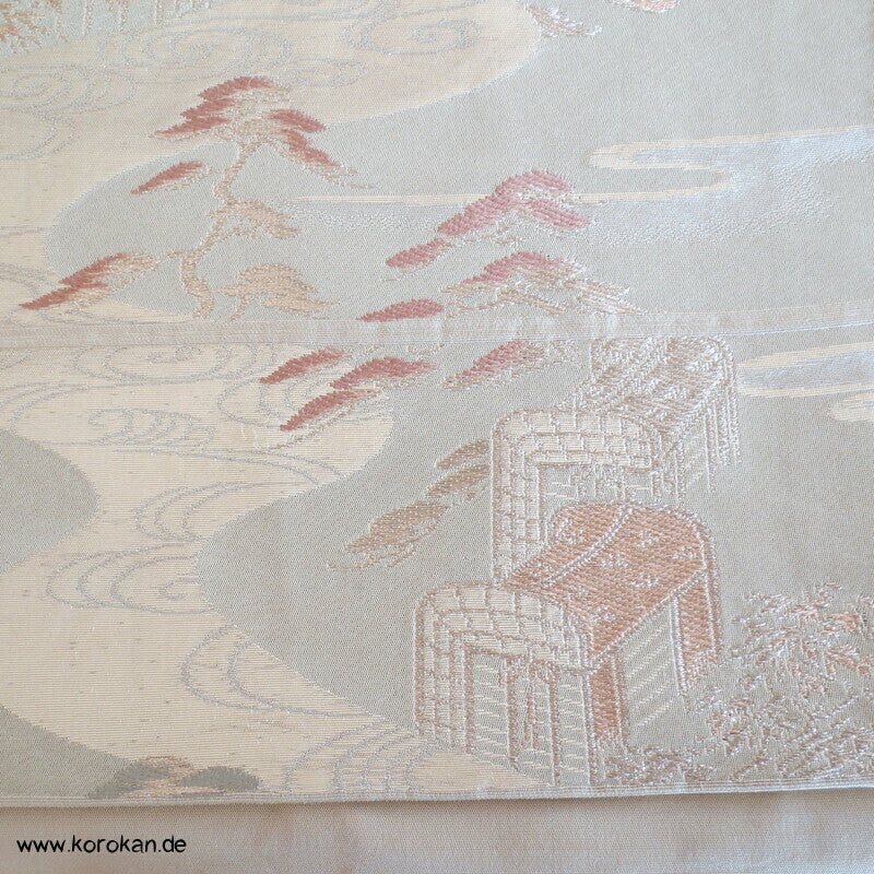 Fukuro Obi Seidenbrokat Fluss und Wagen