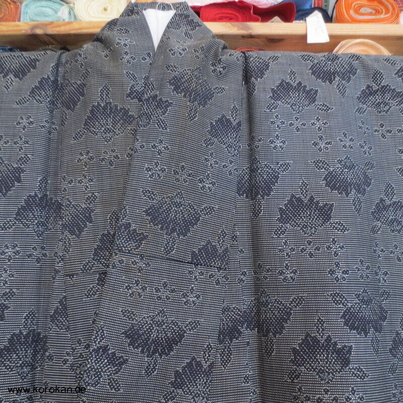Wolljacquard Hitoe Kimono schwarz weiße Muster