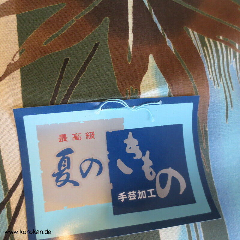 braune Blätter auf grün und hellblau Yukata Kimono Baumwoll Stoff