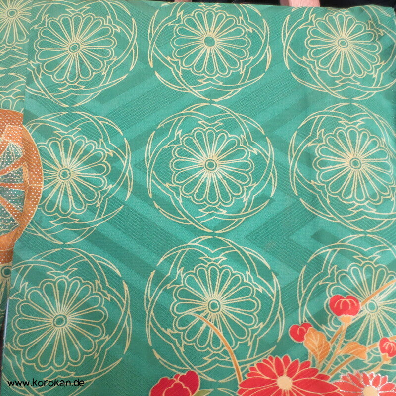 Genji Guruma und Blumen Seidendamast Furisode Kimono
